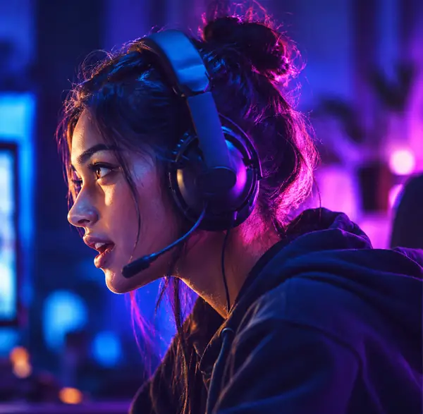 ヘッドセットを着けたゲーマーが、青と紫の光に照らされながらライブ通話で話しています。
