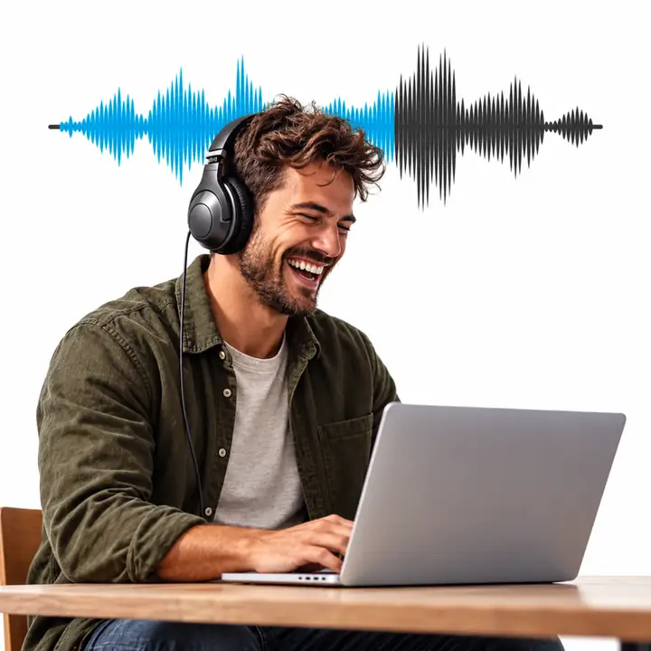 ヘッドホンを着けた男性が、背後に青と暗い色の音声波形が映る中、ノートパソコンで作業しながら笑っています。