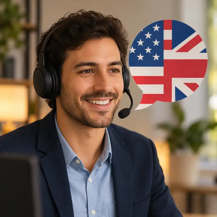 笑顔のカスタマーサービス担当者がヘッドセットを着け、アメリカとイギリスの国旗の色を使った吹き出しのそばにいます。