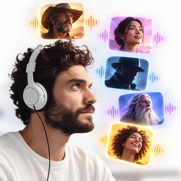 ヘッドホンを着けた物思いにふけるクリエイターが、小さな音声キャラクターカードの並びのそばで上を見つめています。