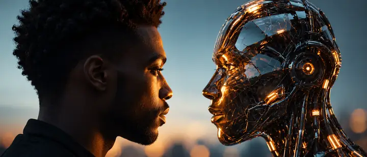 若い男性が、映画的なクローズアップの中で、光を放つ機械仕掛けの人間の顔に向き合っています。