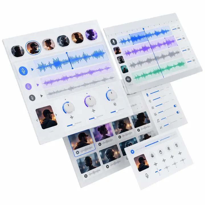 重なり合った複数の音声編集画面に、録音トラック、設定、音声コントロールが表示されています。