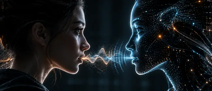 人間とデジタルの2つの顔が、暗く映画的なシーンの中で互いに向き合っています。